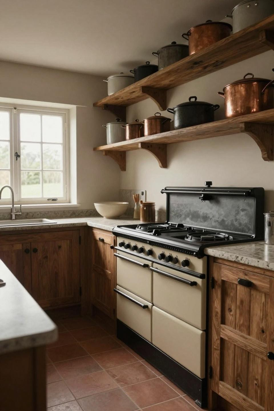 English cottage kitchen with cream Aga stove and walnut shelving
