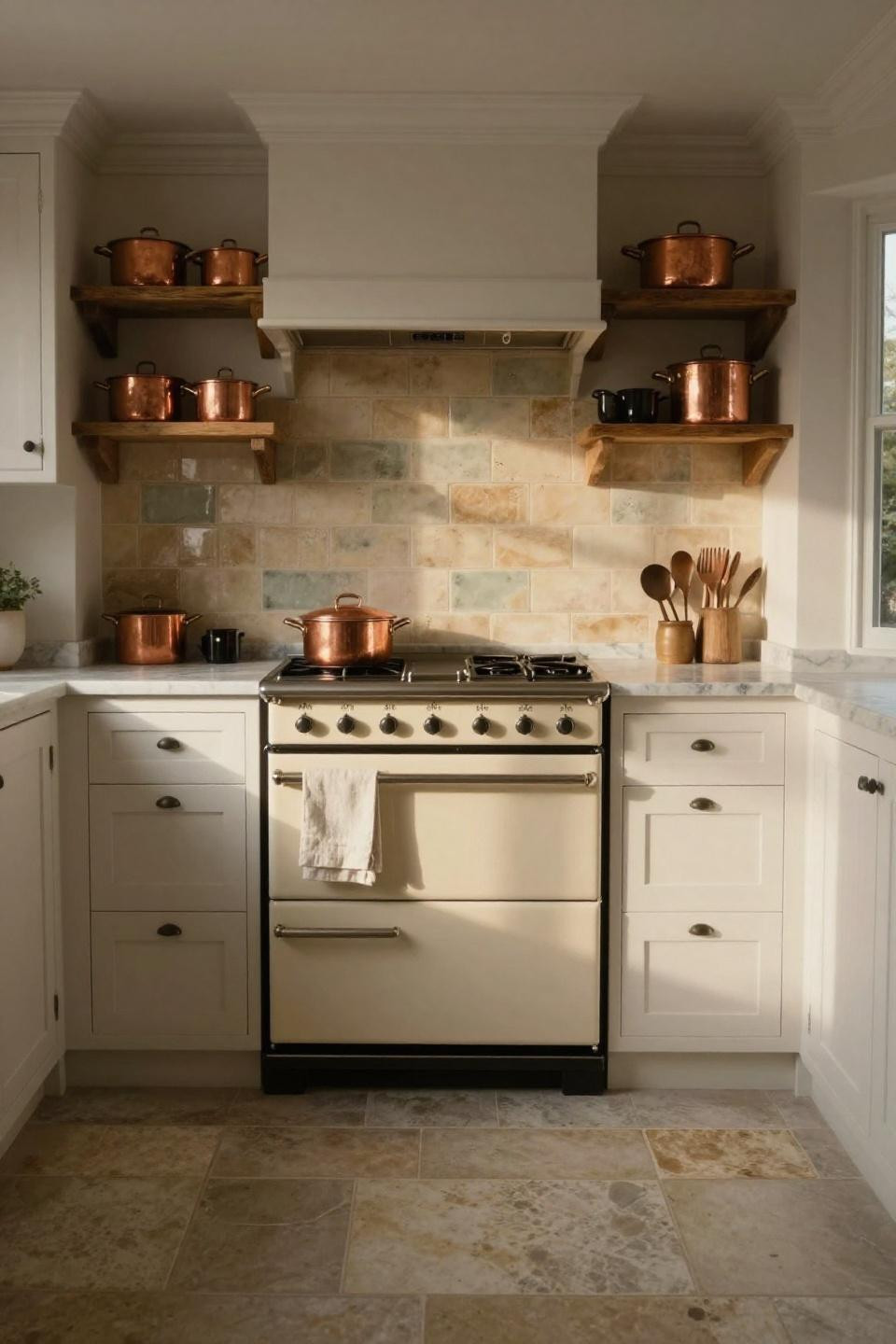 Cottage kitchen with vintage cream Aga cooker and shaker cabinetry
