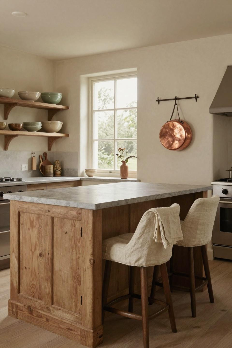 French cottage kitchen with weathered oak island and limestone top
