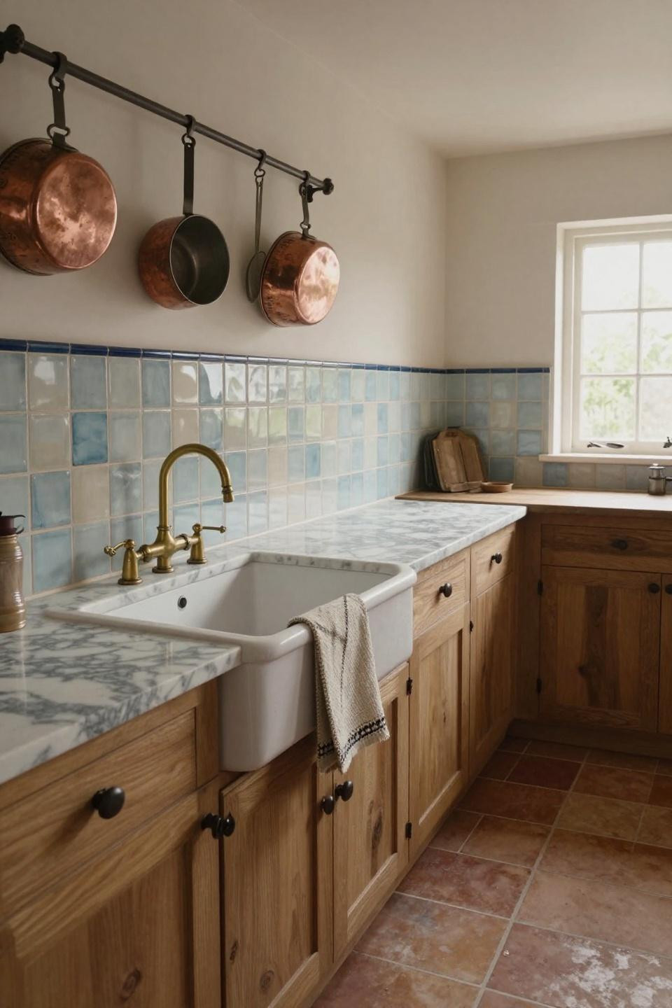 Farmhouse sink with zellige tile backsplash in cottage kitchen