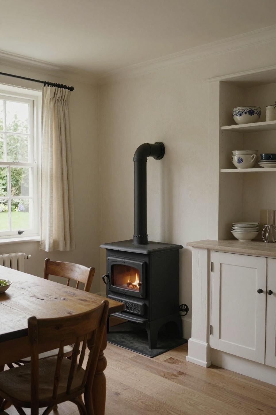 Vintage cottage kitchen with cast-iron stove and lime wash walls