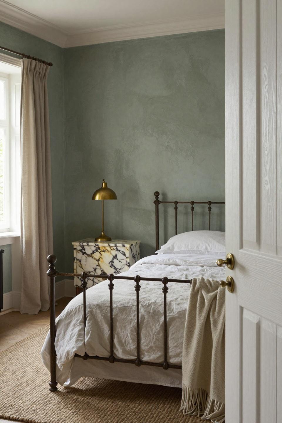 Cottage rooms bedrooms featuring Calacatta Gold marble nightstand and brass reading lamp