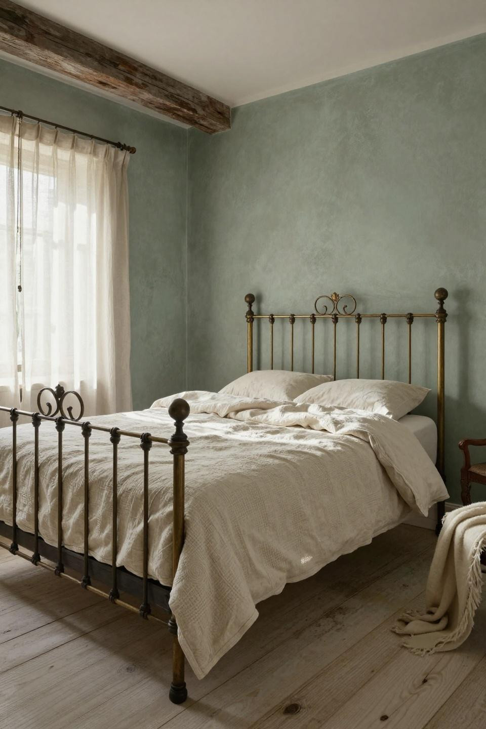Cottage rooms bedrooms showcasing vintage wrought-iron bed with hand-forged scrollwork