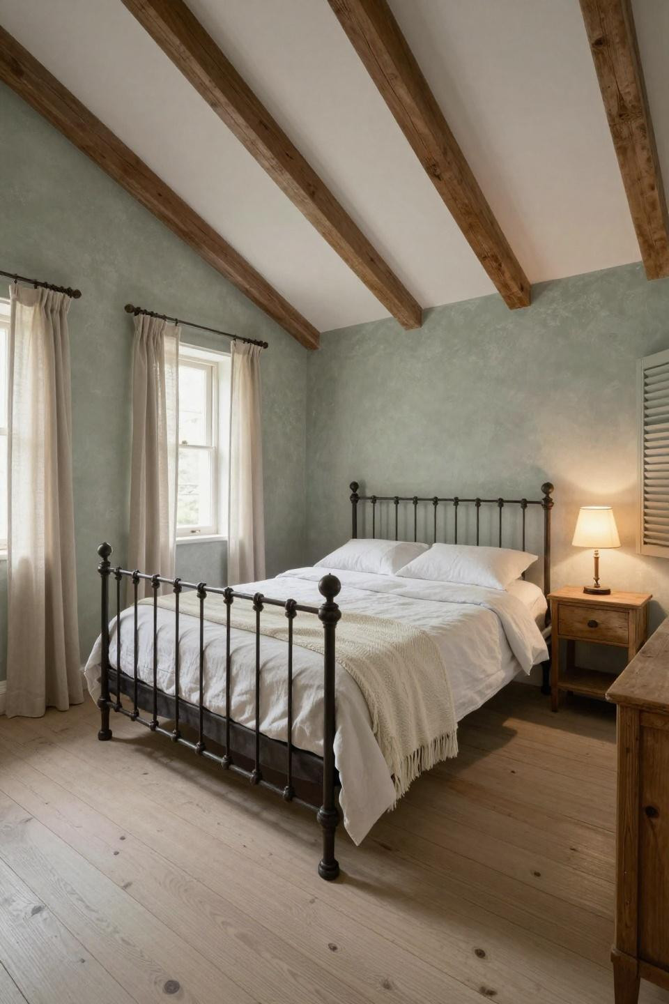 Cottage rooms bedrooms with cerused white oak flooring and soft sage plaster walls