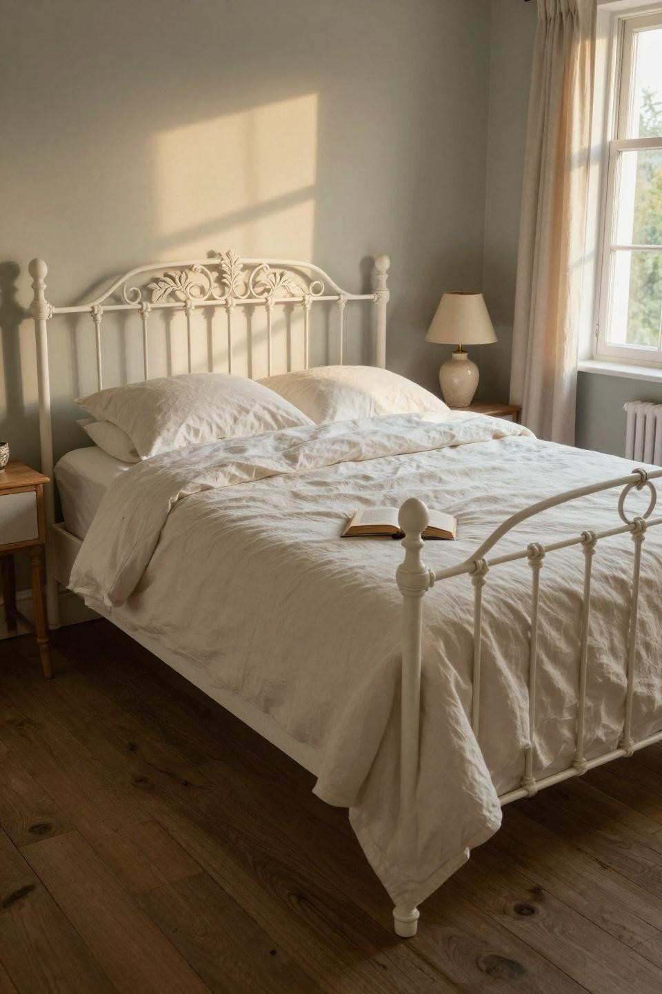 Cottage room ideas featuring whitewashed headboard with hand-carved botanical relief