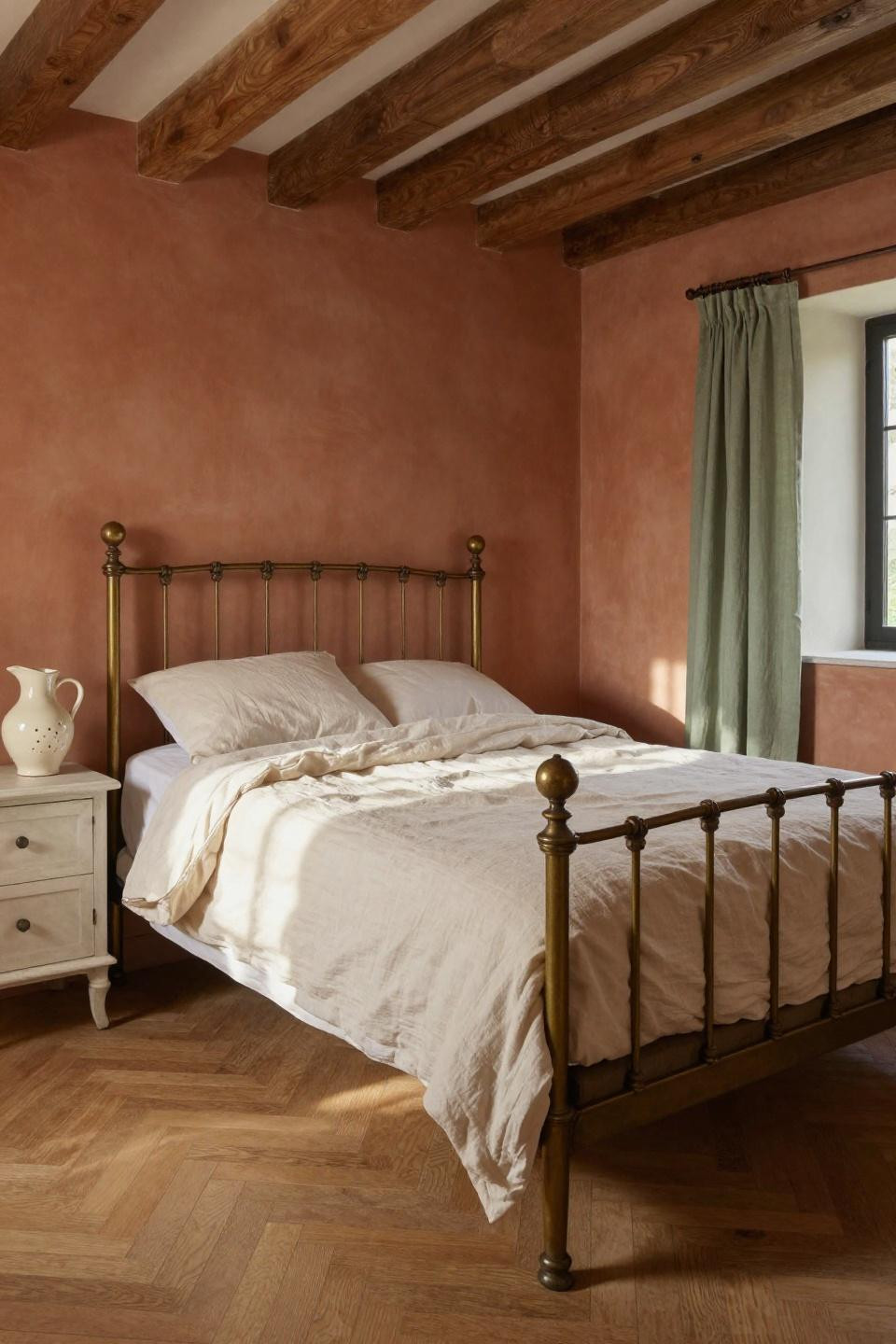Cottage core bedroom with vintage wrought-iron bed and terracotta plaster walls