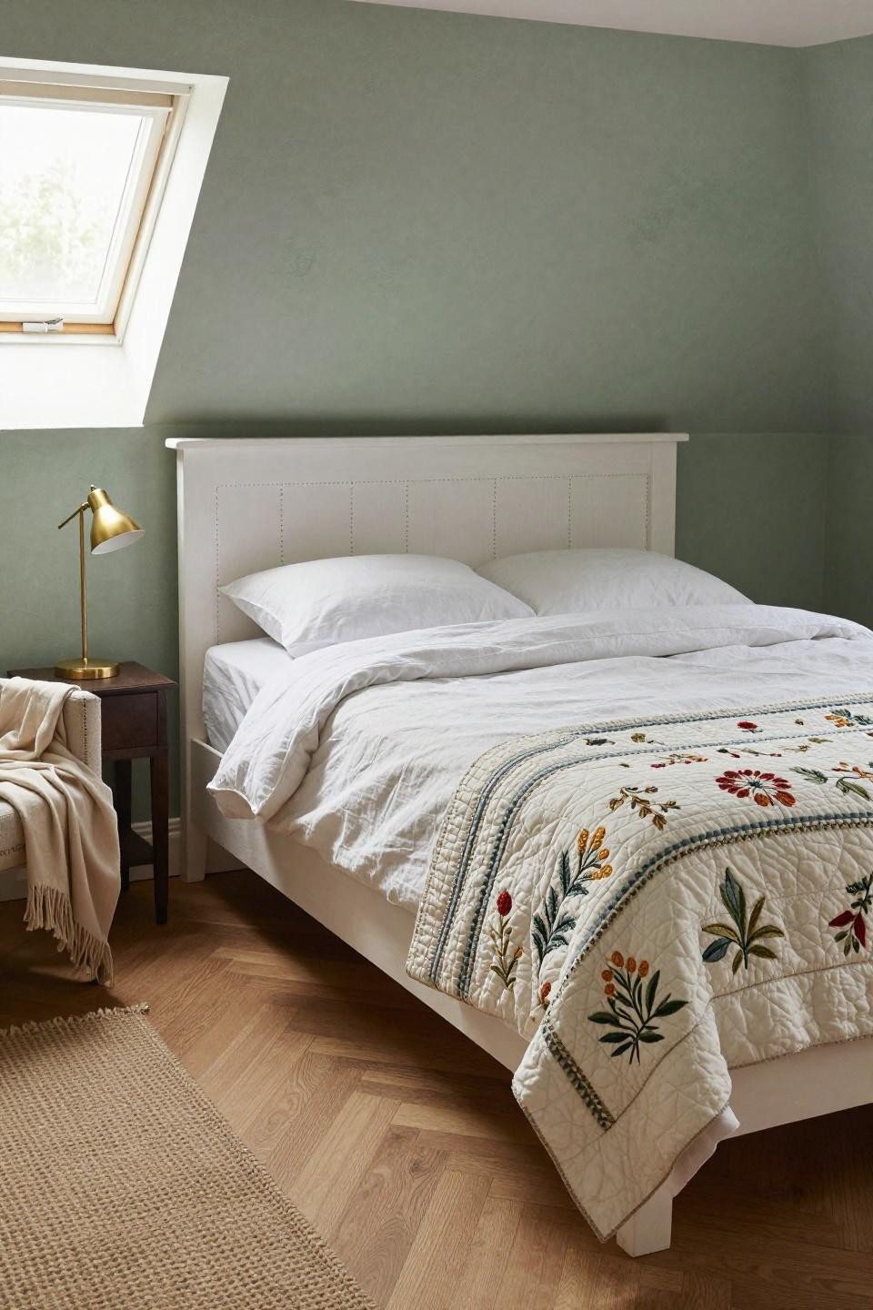 Cottagecore bedroom with hand-stitched white oak headboard and botanical quilted throw