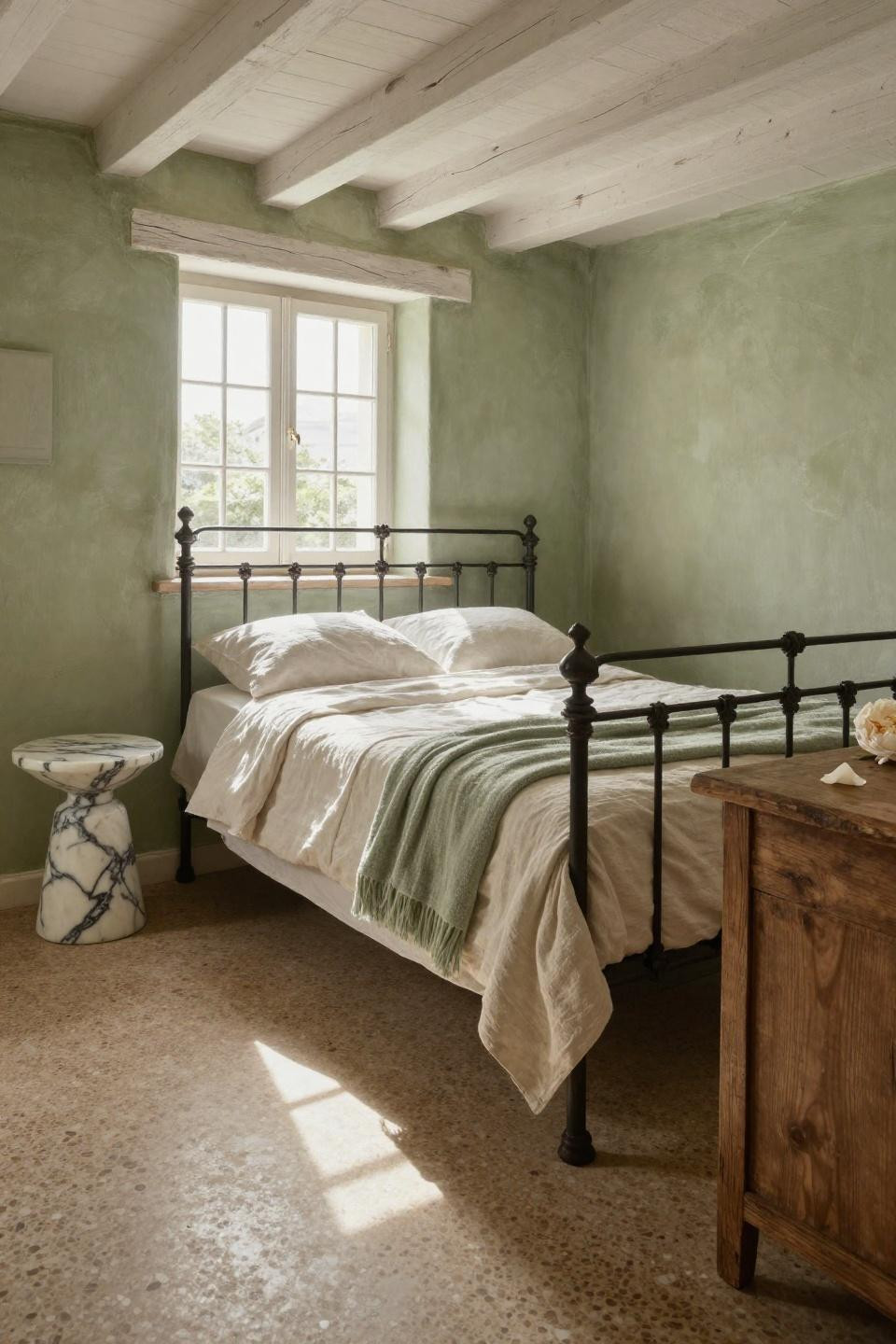 Small cottage bedroom featuring hand-forged wrought-iron bed and terrazzo floors