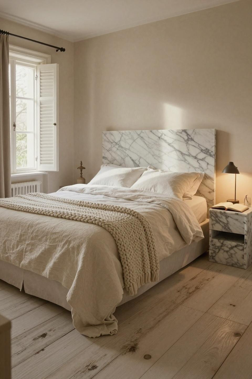 Cozy cottage bedroom with book-matched Carrara marble headboard and Belgian linen
