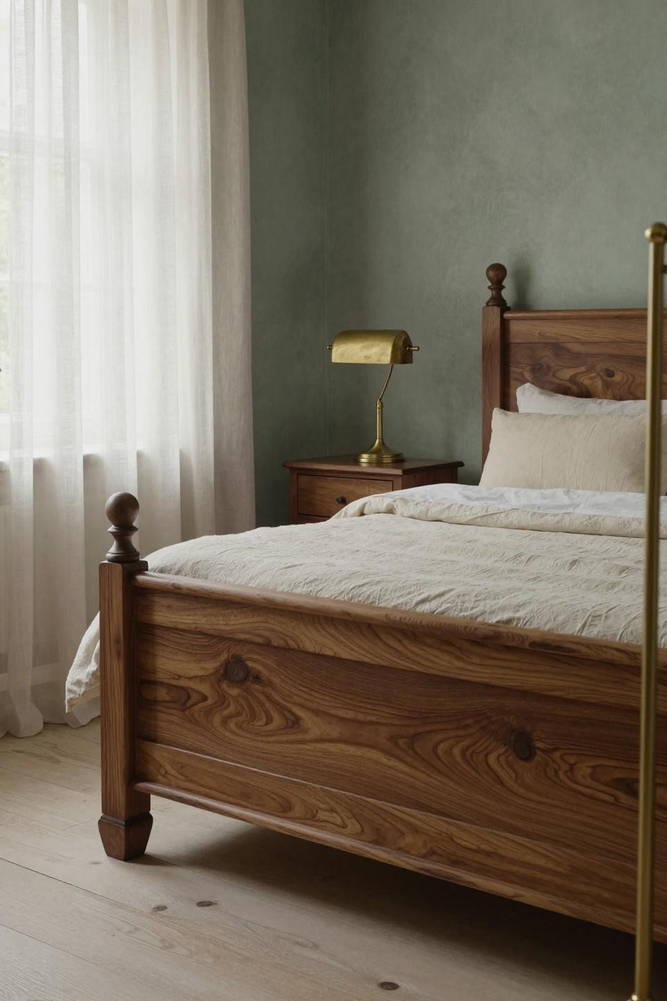 Cottage style bedroom ideas showcasing hand-carved walnut bed with book-matched grain