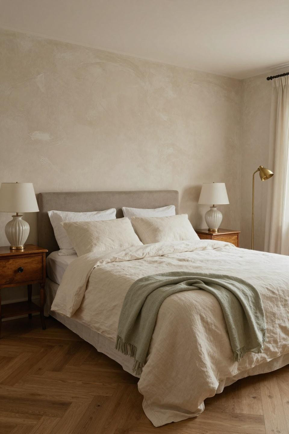 Vintage cottage bedroom with layered Belgian linen bedding in cream and sage