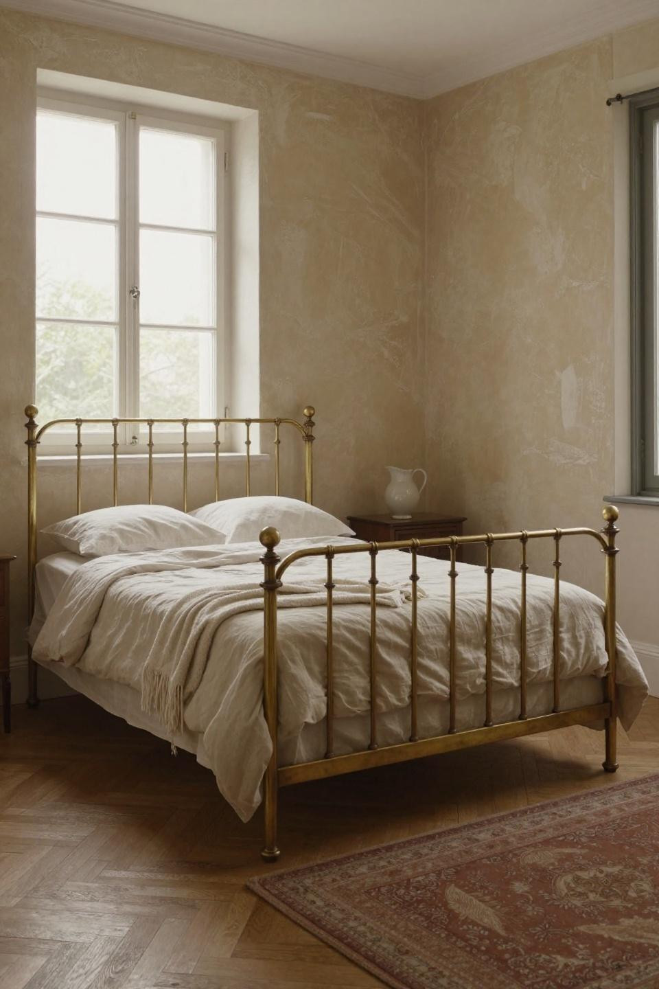 Modern cottage bedroom featuring Venetian plaster walls and vintage brass bed frame
