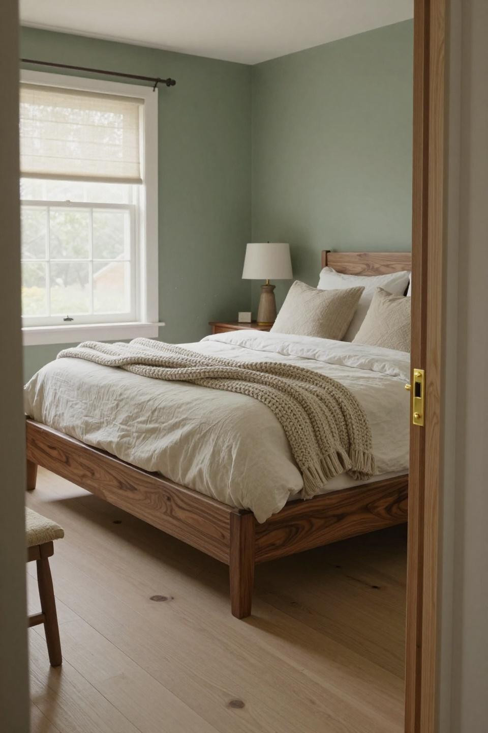 Cottage interiors bedroom with book-matched walnut bed frame and cerused white oak flooring