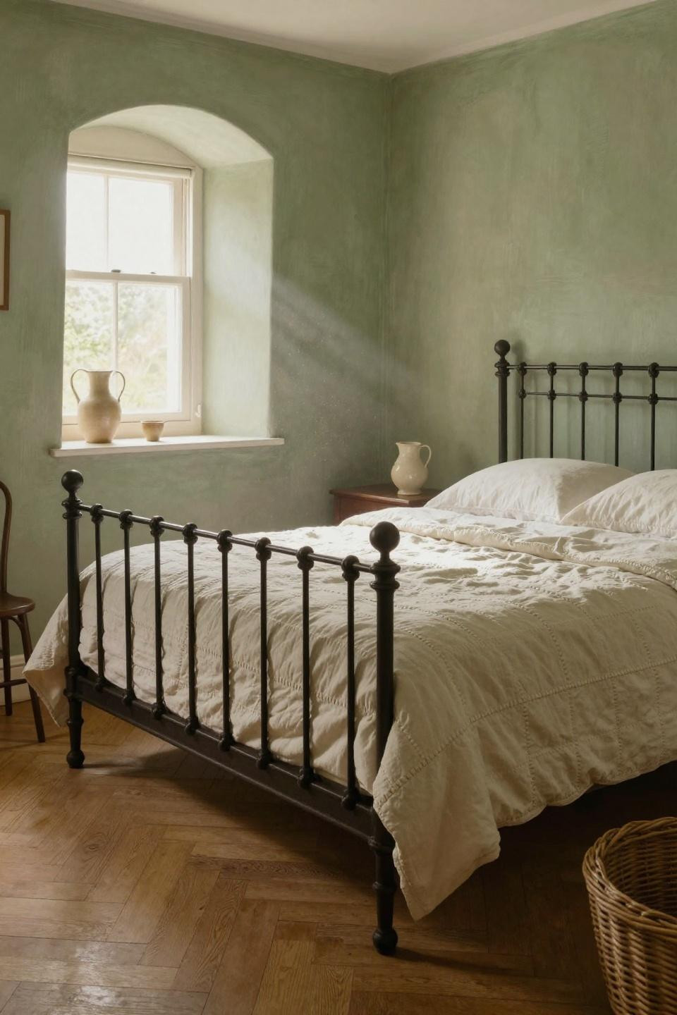Cottage bedroom with sage green lime wash walls and vintage iron bed frame