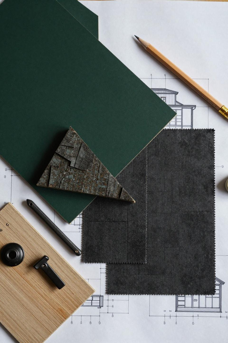 Modern cottage house exterior planning with deep green paint samples