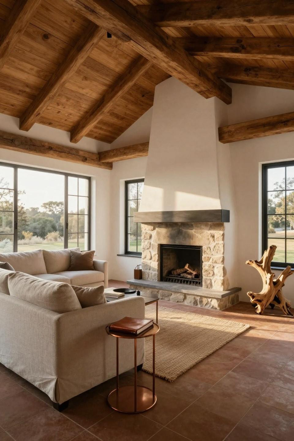Cottage style houses interior with vaulted timber ceiling