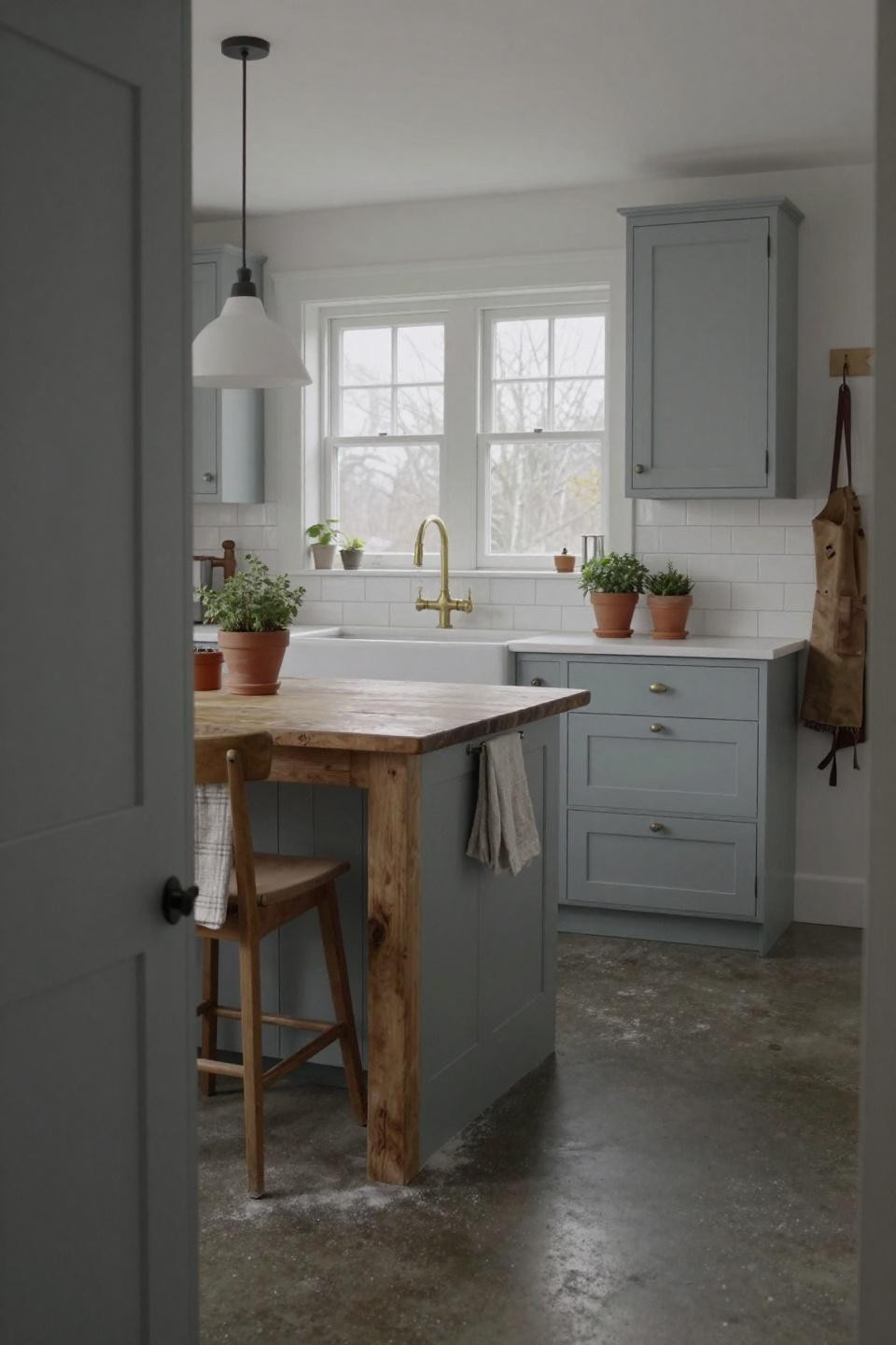 Cottage home design kitchen with grey-blue shaker cabinetry