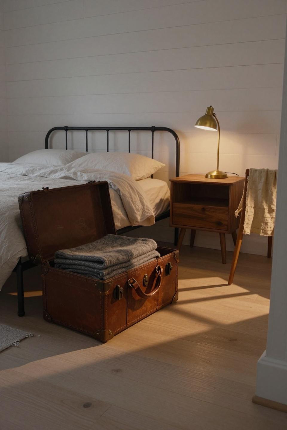 Modern farmhouse cottage bedroom with blackened steel bed frame