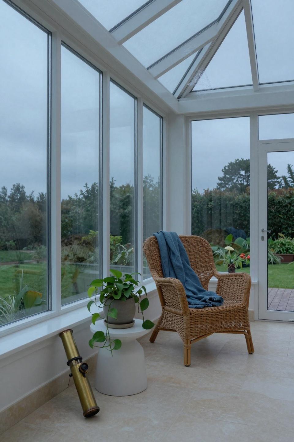 Modern cottage design sunroom with floor-to-ceiling windows