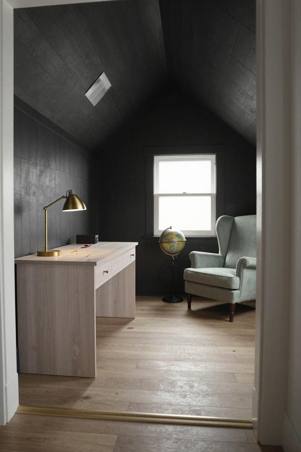 Modern cottage style home office with asymmetrical vaulted ceiling