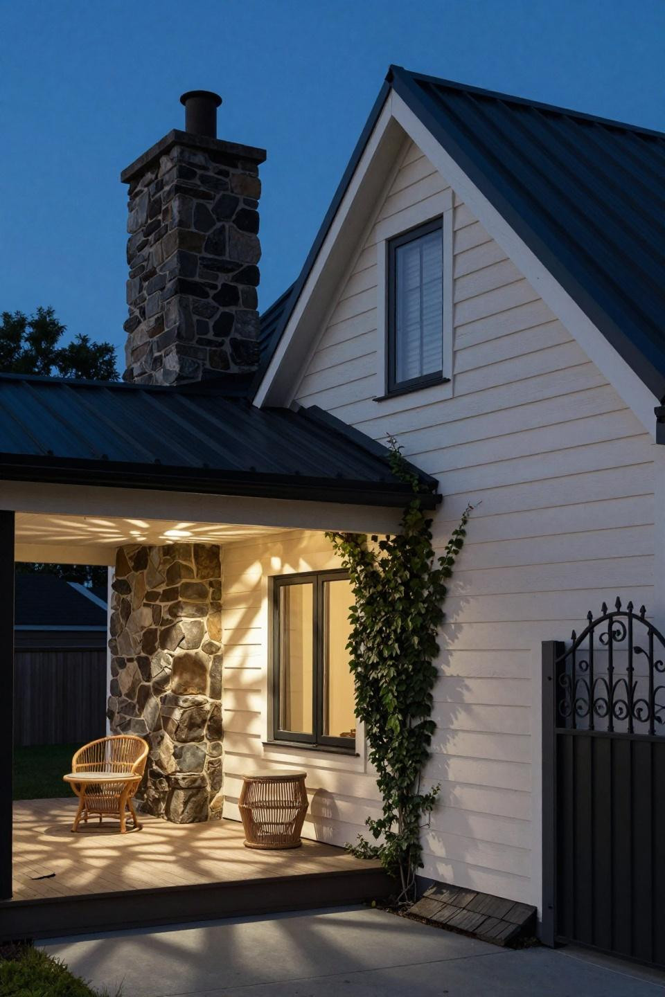 Modern cottage house plans featuring board-and-batten cream siding