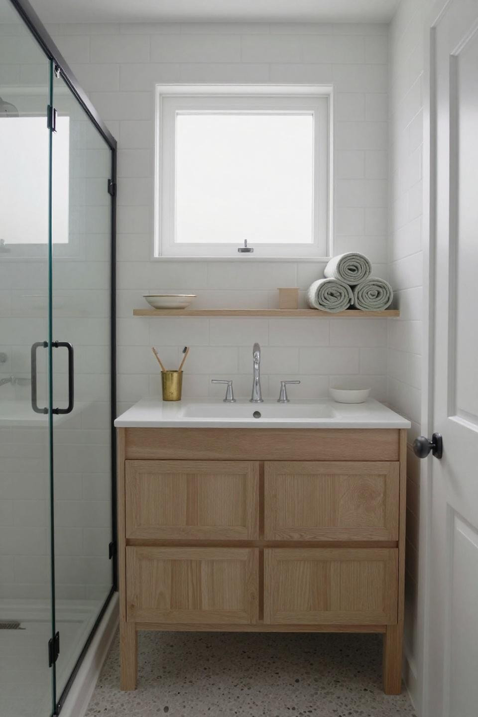 Cottage house design bathroom with white subway tile and oak vanity