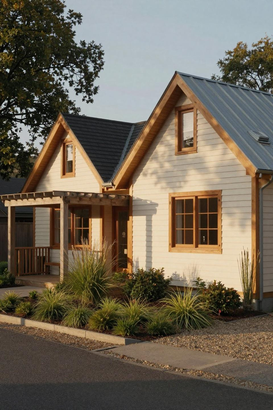 Modern cottage homes exterior with cream horizontal siding and timber trim