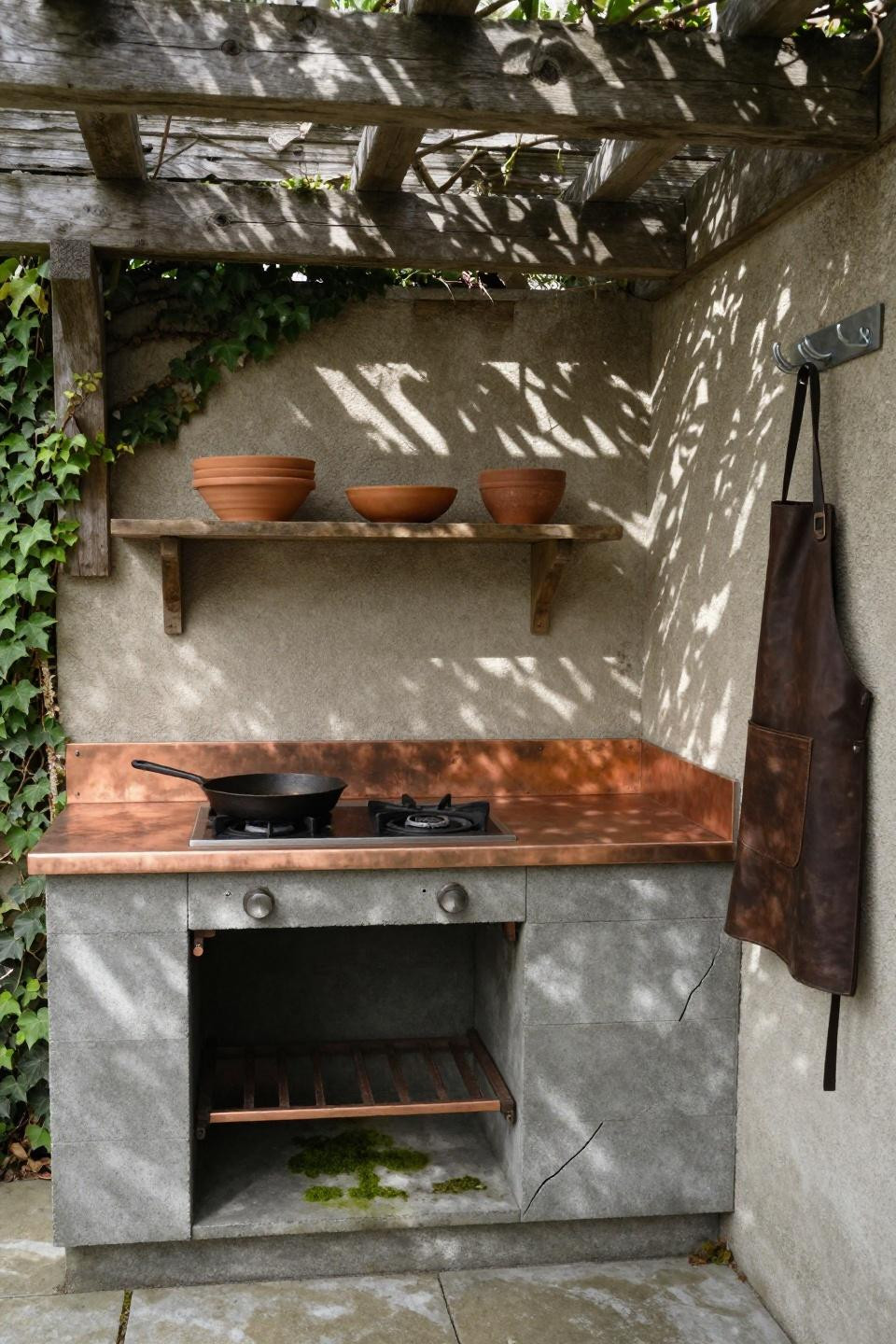 Compact DIY concrete block outdoor kitchen with oxidized copper countertop showing verdigris patina