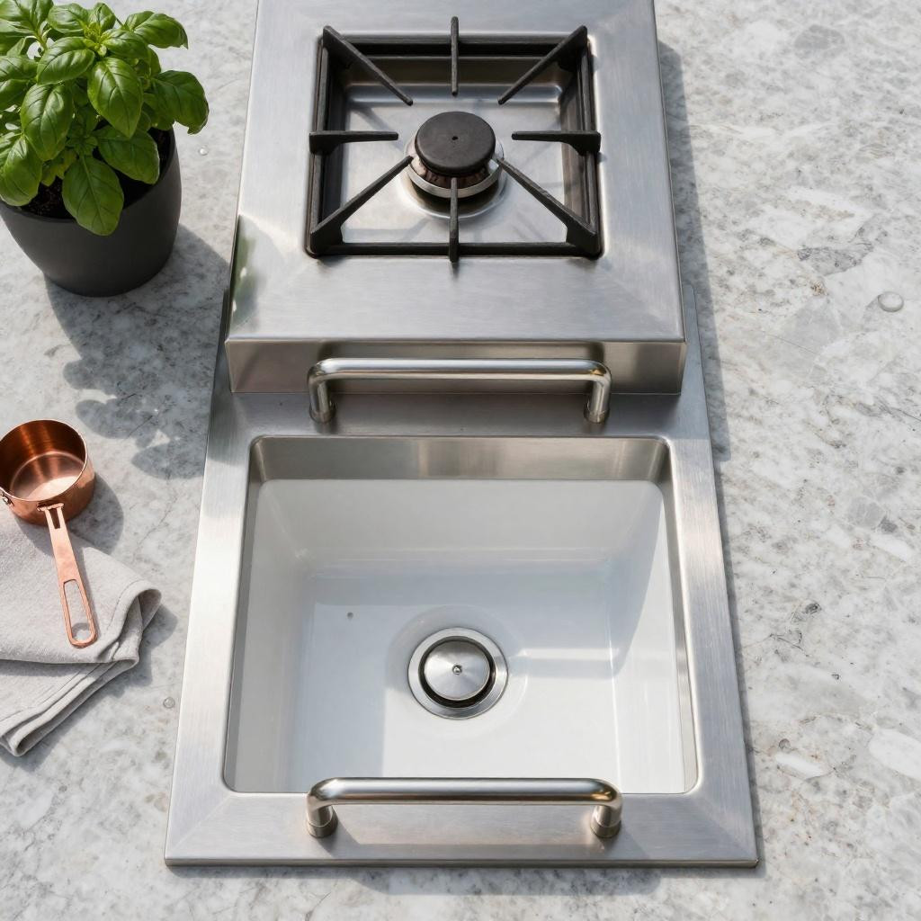 Built-in stainless steel outdoor cooking counter with integrated gas burner and honed limestone countertop