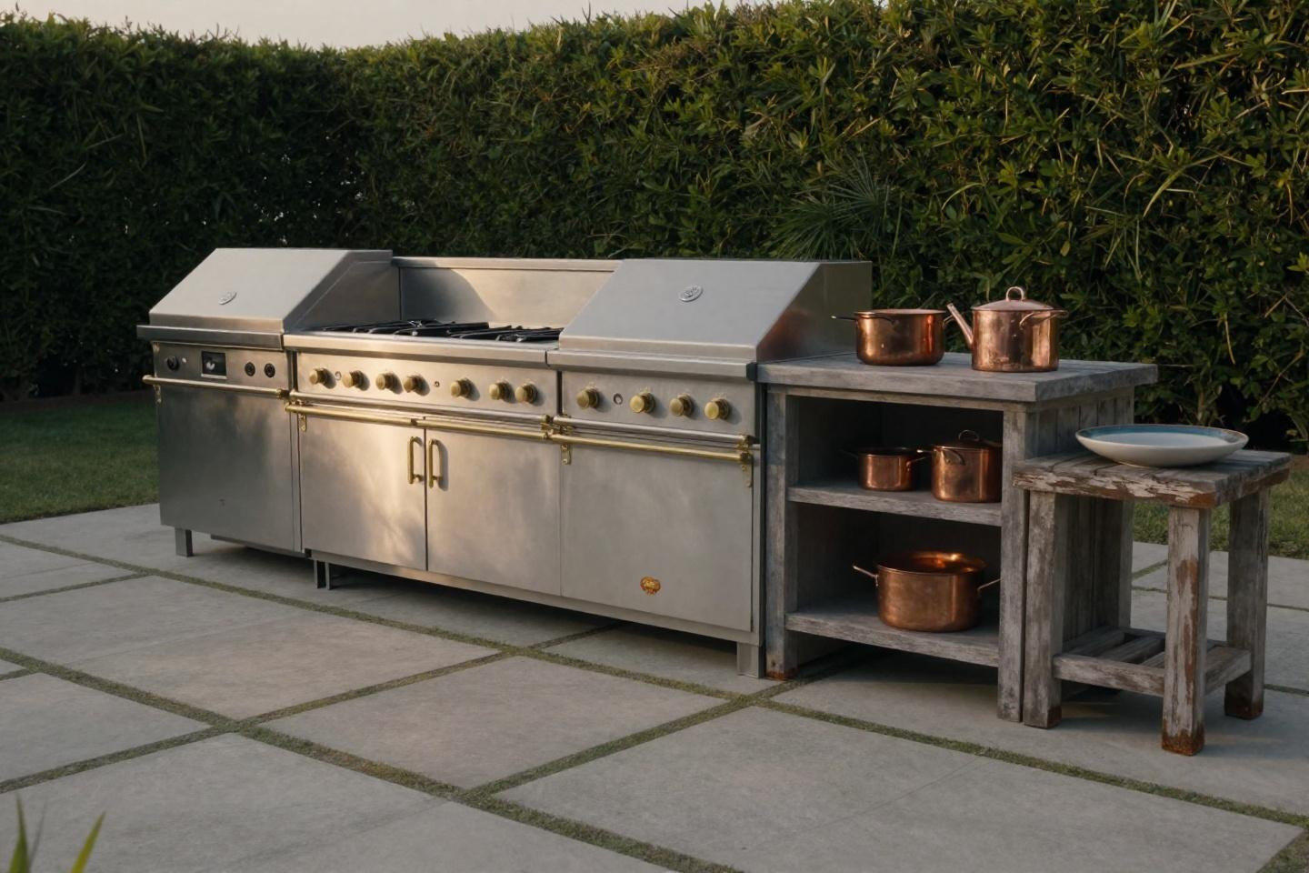 Premium stainless steel outdoor kitchen peninsula with dual cooking zones in sprawling backyard