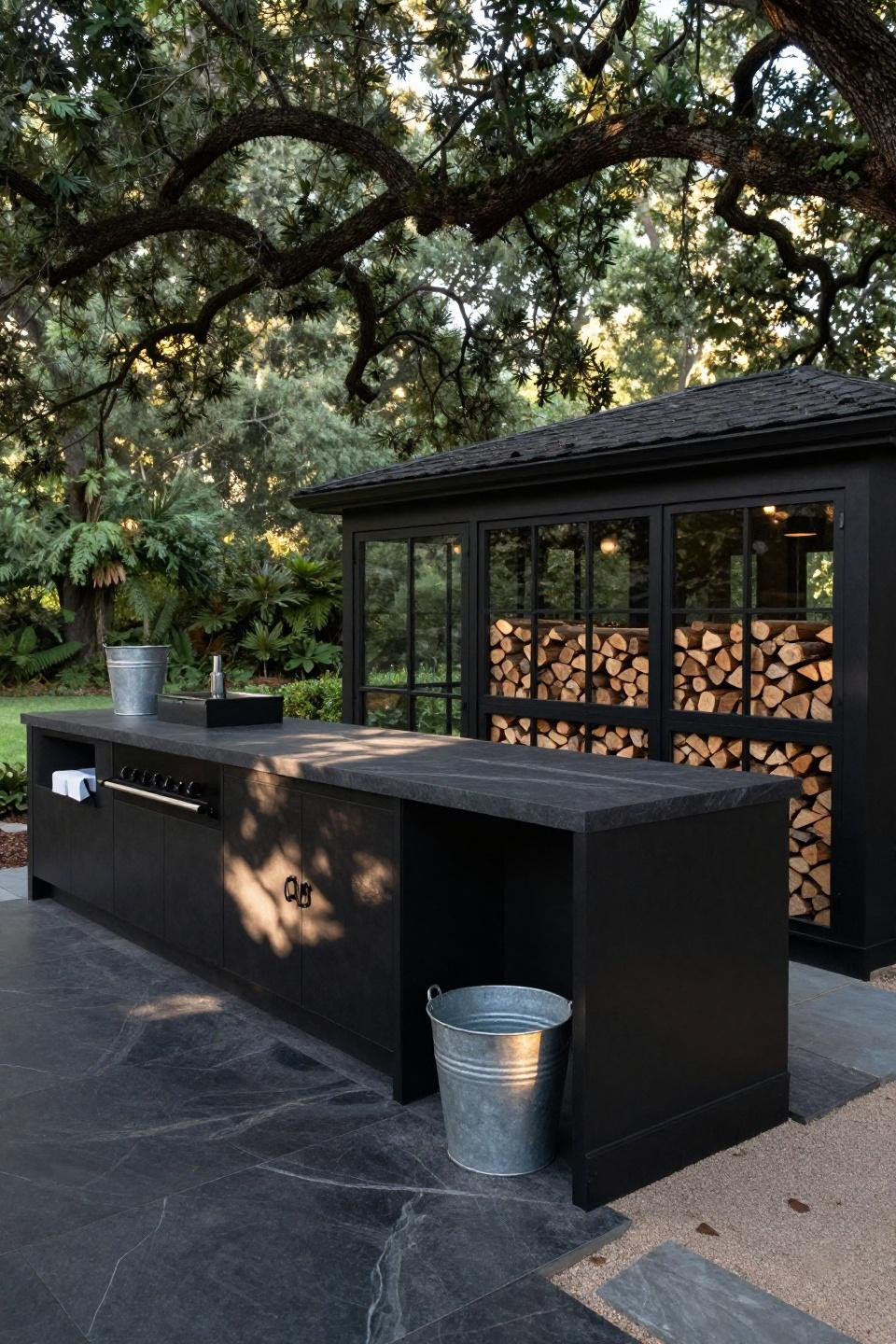 Expansive built-in honed slate outdoor kitchen with blackened steel frame anchoring backyard