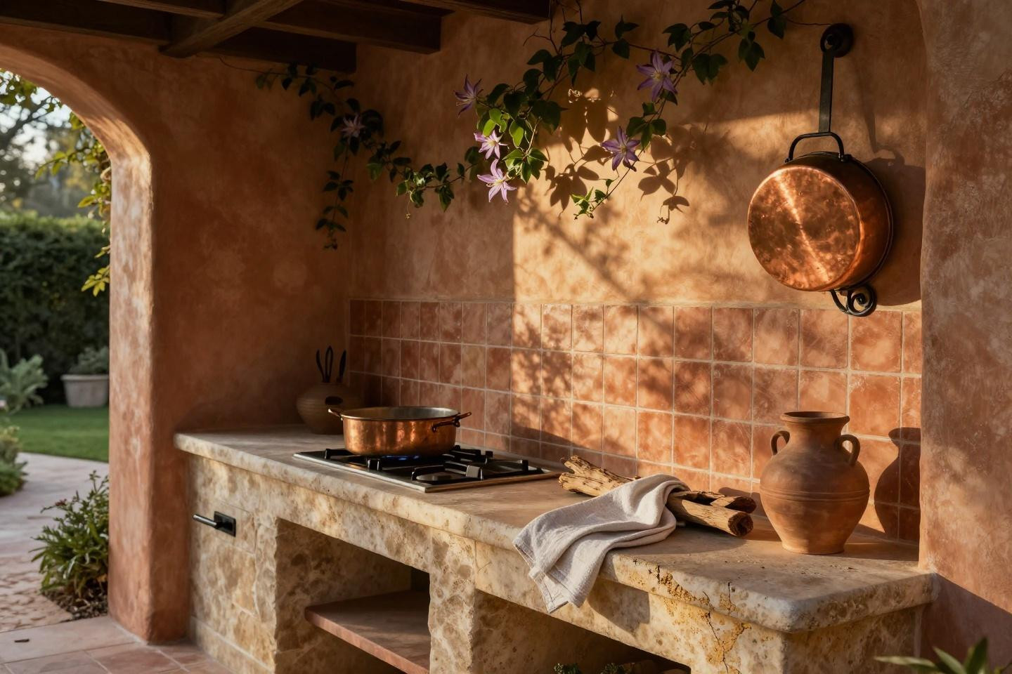 Mediterranean weathered limestone cooking station with terracotta tile backsplash beneath ochre stucco