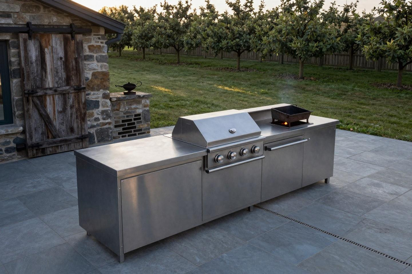 Modular stainless steel outdoor kitchen island with integrated side burner on permeable pavers