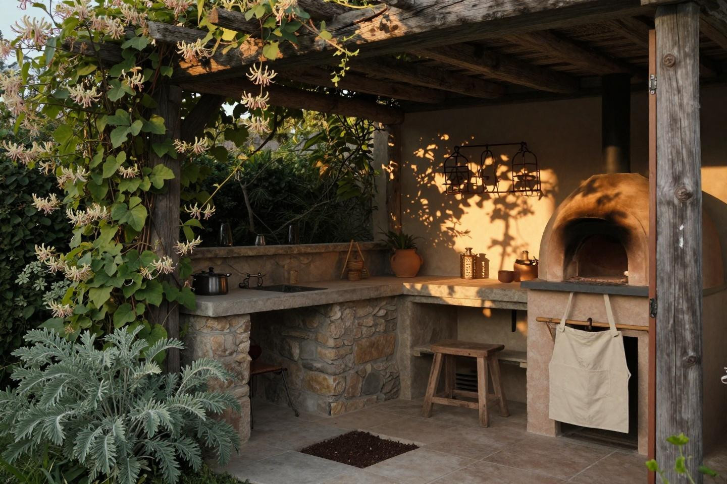 Intimate rustic outdoor kitchen beneath weathered timber pergola with reclaimed stone countertop