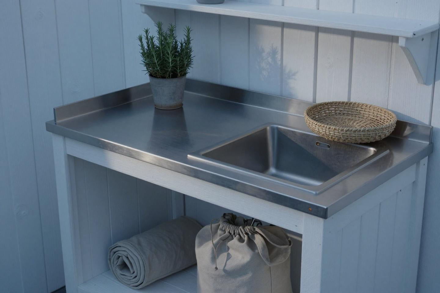 Minimalist Scandinavian whitewashed timber outdoor prep station with brushed stainless steel counter
