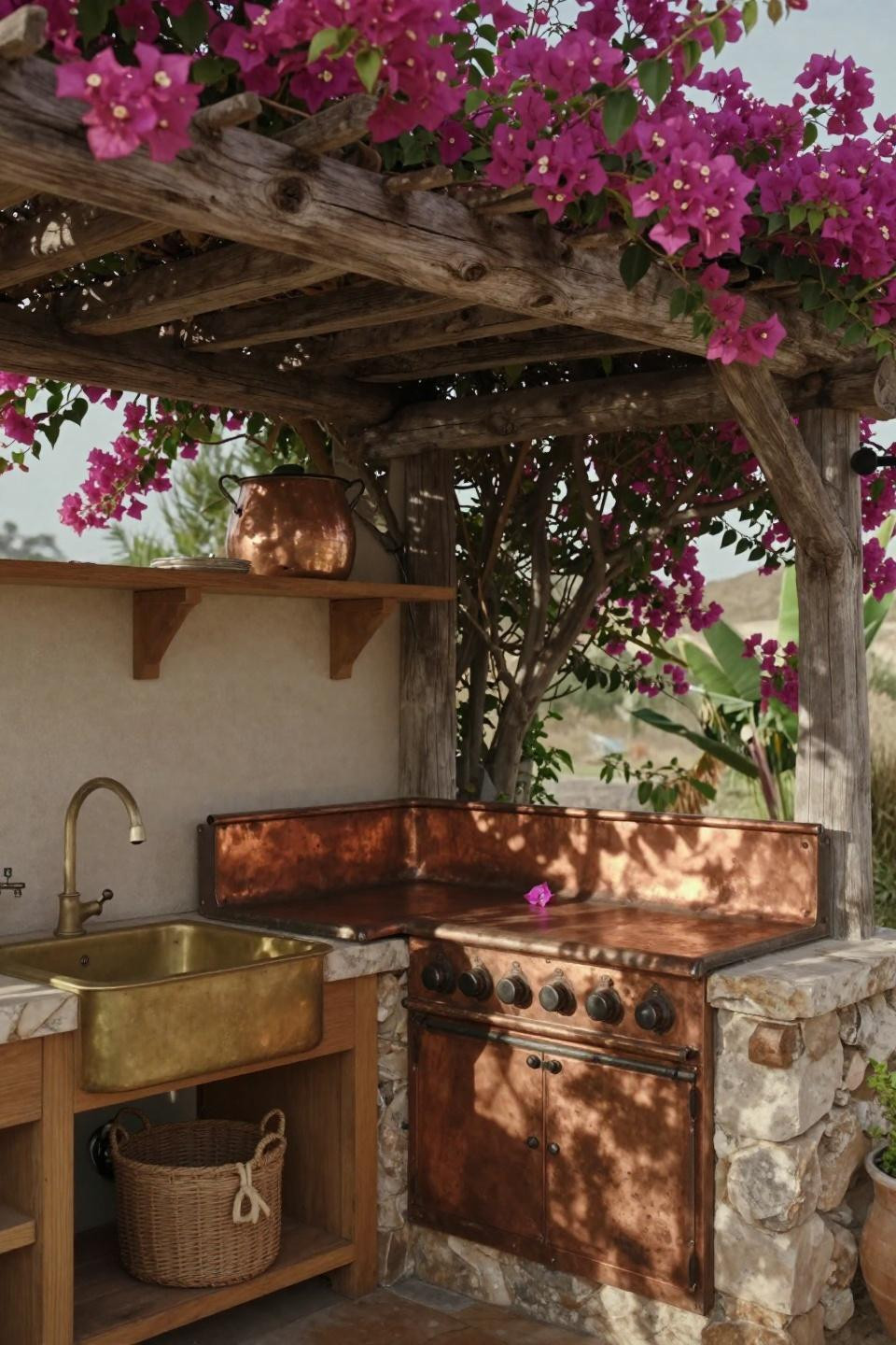 Intimate three-sided pergola outdoor kitchen with antique copper range-top on weathered limestone