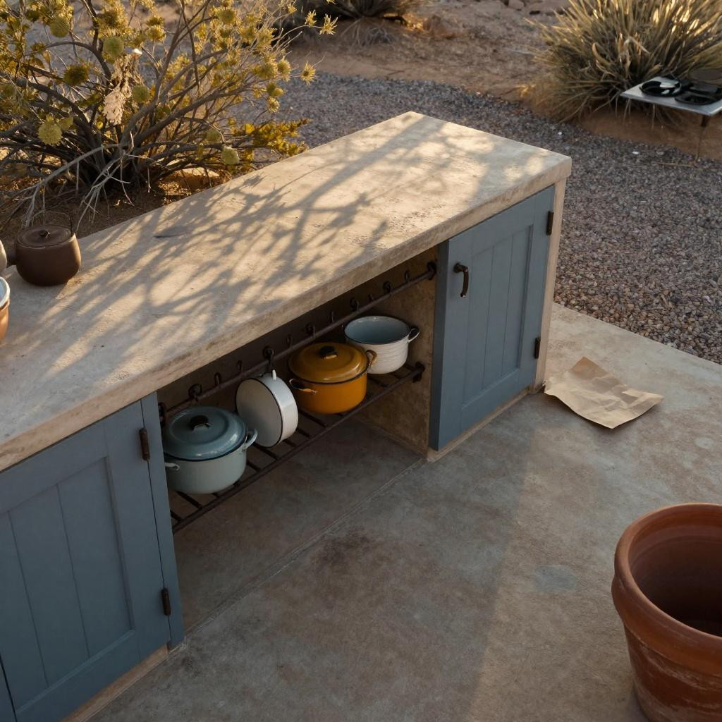 Bohemian salvaged-door outdoor kitchen with dusty blue-grey painted panels and twisted wrought-iron bar