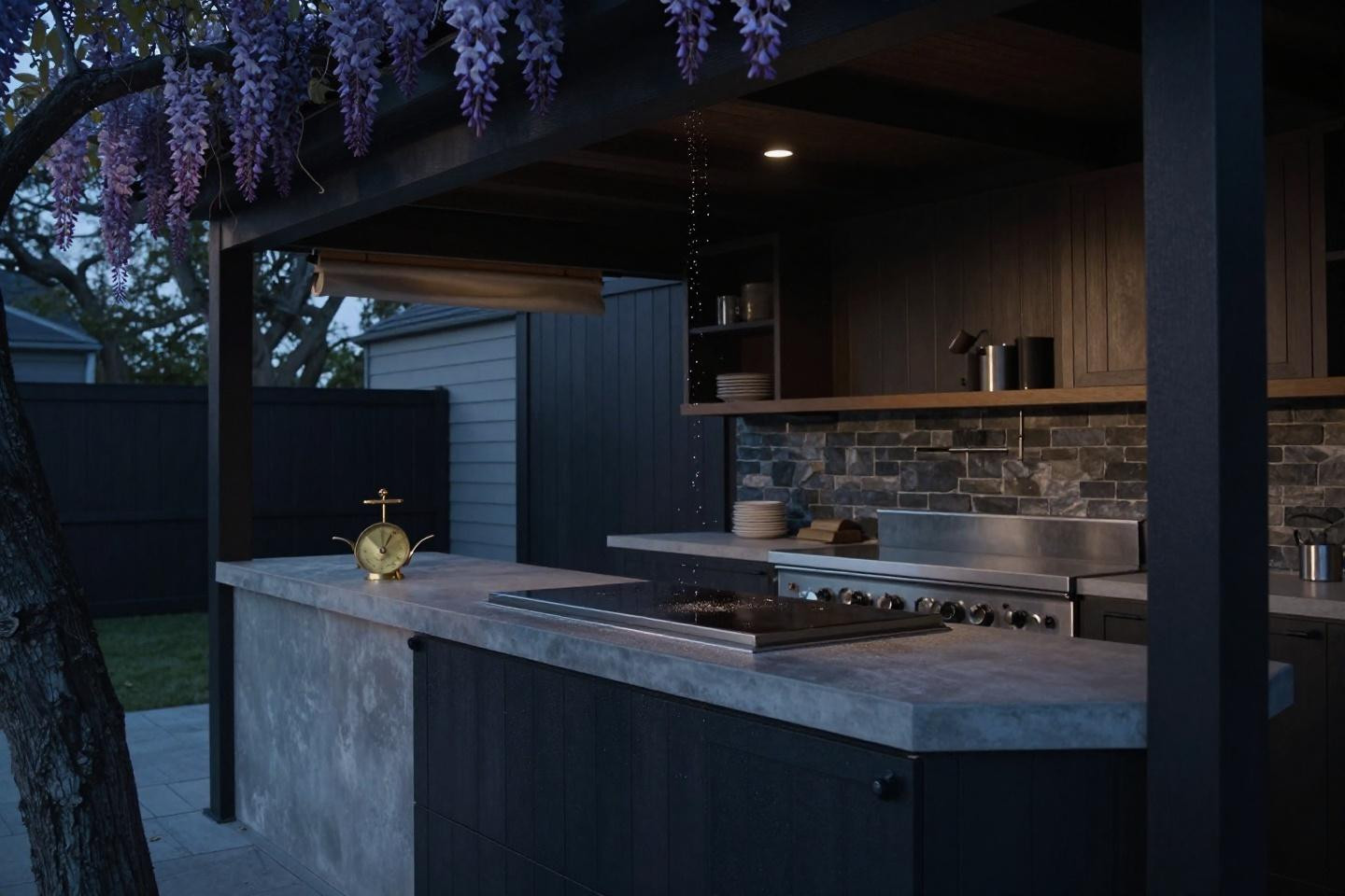 Contemporary dark-paneled outdoor kitchen pavilion with integrated stainless steel flat-top griddle