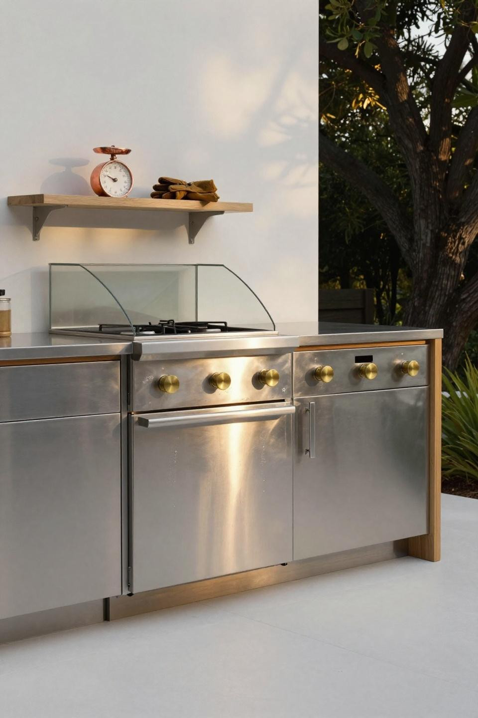 Contemporary sleek stainless steel outdoor kitchen island with integrated side-burner and glass wind-guard