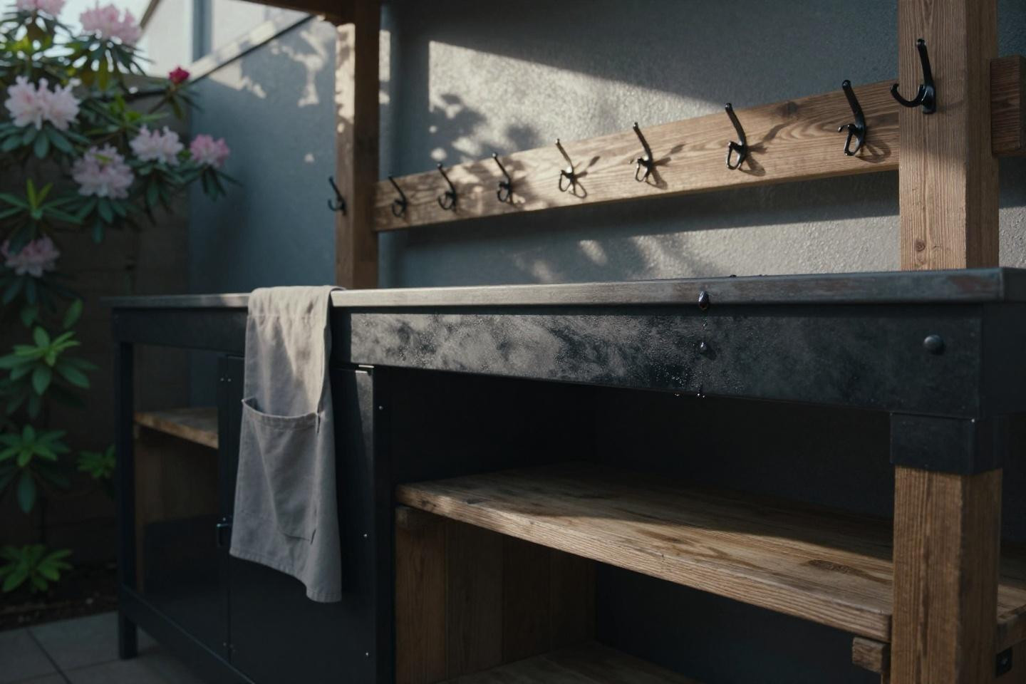 Industrial modular steel-frame outdoor kitchen counter with matte black powder-coat and weathered cedar shelving