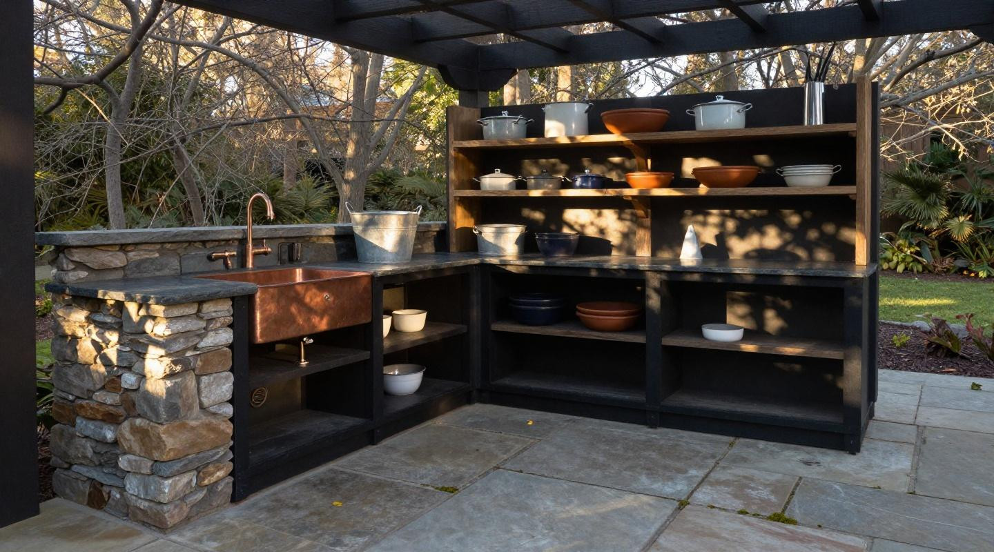 Sprawling Craftsman-era built-in outdoor kitchen with weathered river-stone base and matte black iron frame