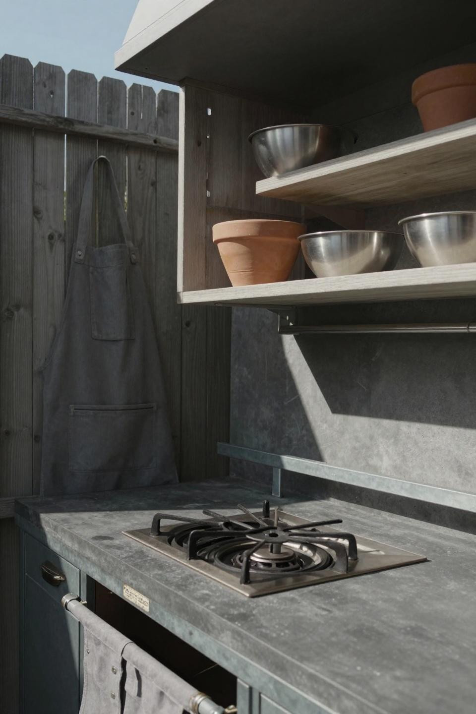 Compact steel-frame outdoor kitchen with single integrated burner on charcoal concrete countertop