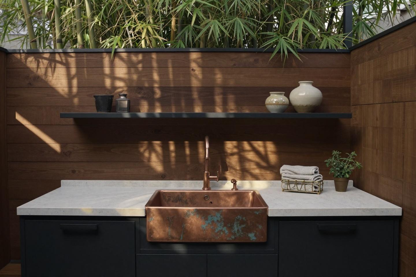 Luxury built-in outdoor kitchen with pale limestone waterfall countertop and matte black metal frame