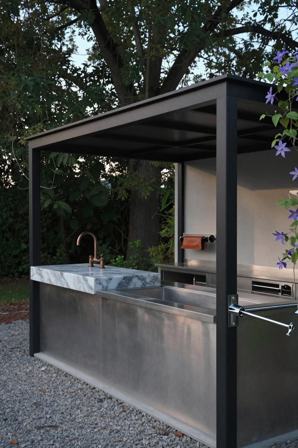 Contemporary outdoor kitchen with polished concrete waterfall countertop and matte black aluminum frame