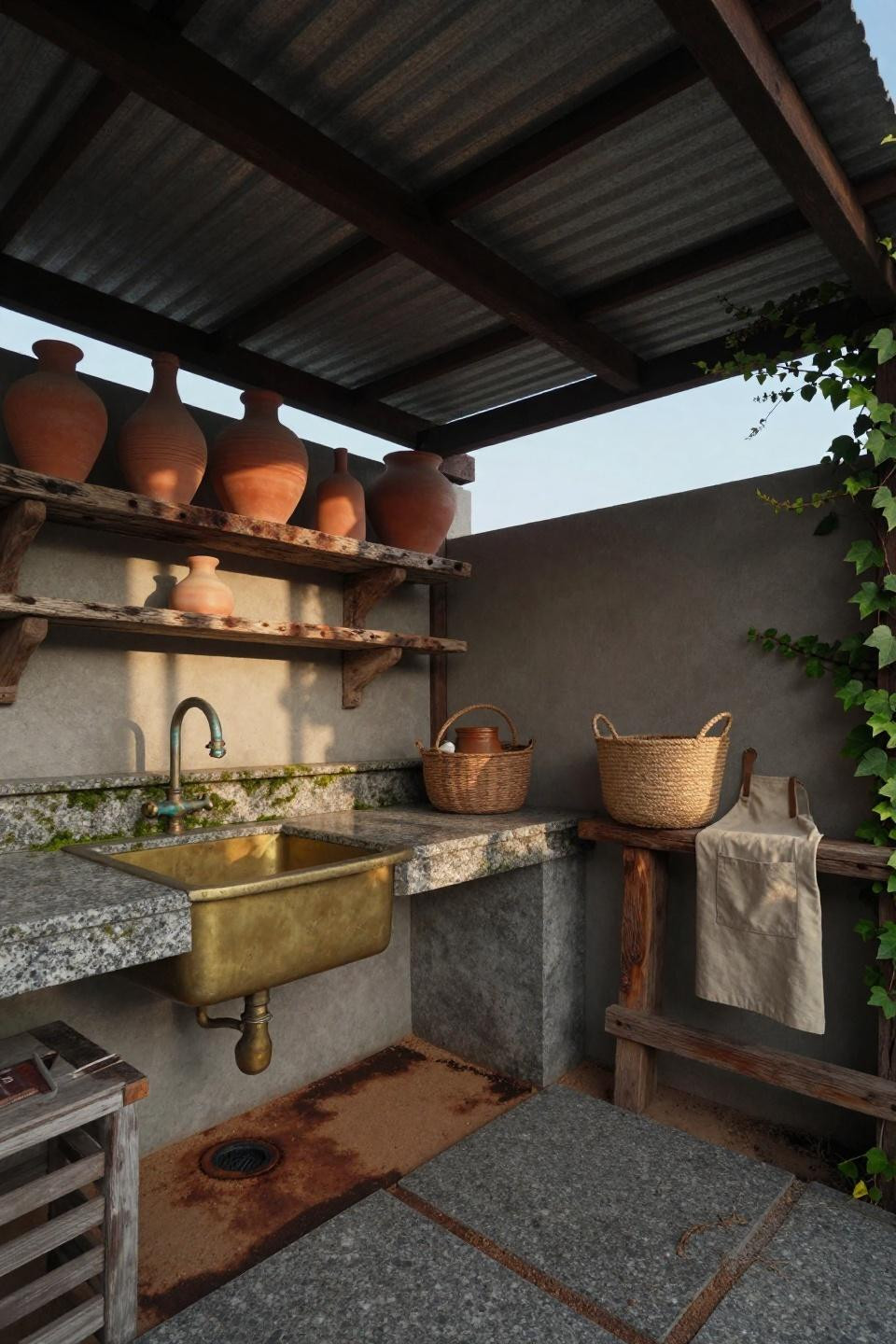 Bohemian salvage outdoor kitchen with moss-covered granite countertop and vintage brass sink