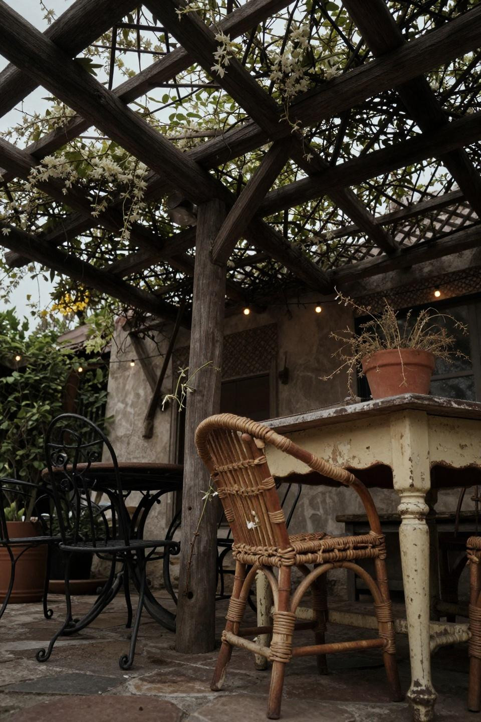 Covered patios attached to house with salvaged timber and climbing jasmine vines