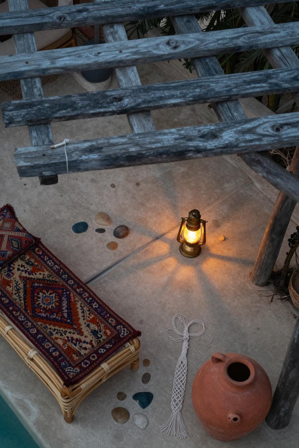 Backyard covered patios with weathered blue-grey hand-hewn timber and Turkish kilim