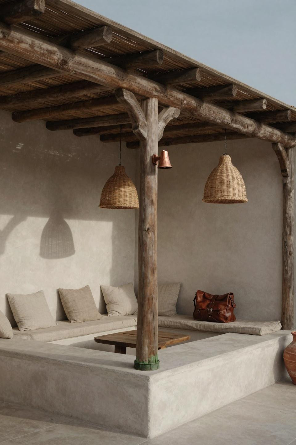 DIY covered patio with Mediterranean timber pergola and sunken concrete pit seating