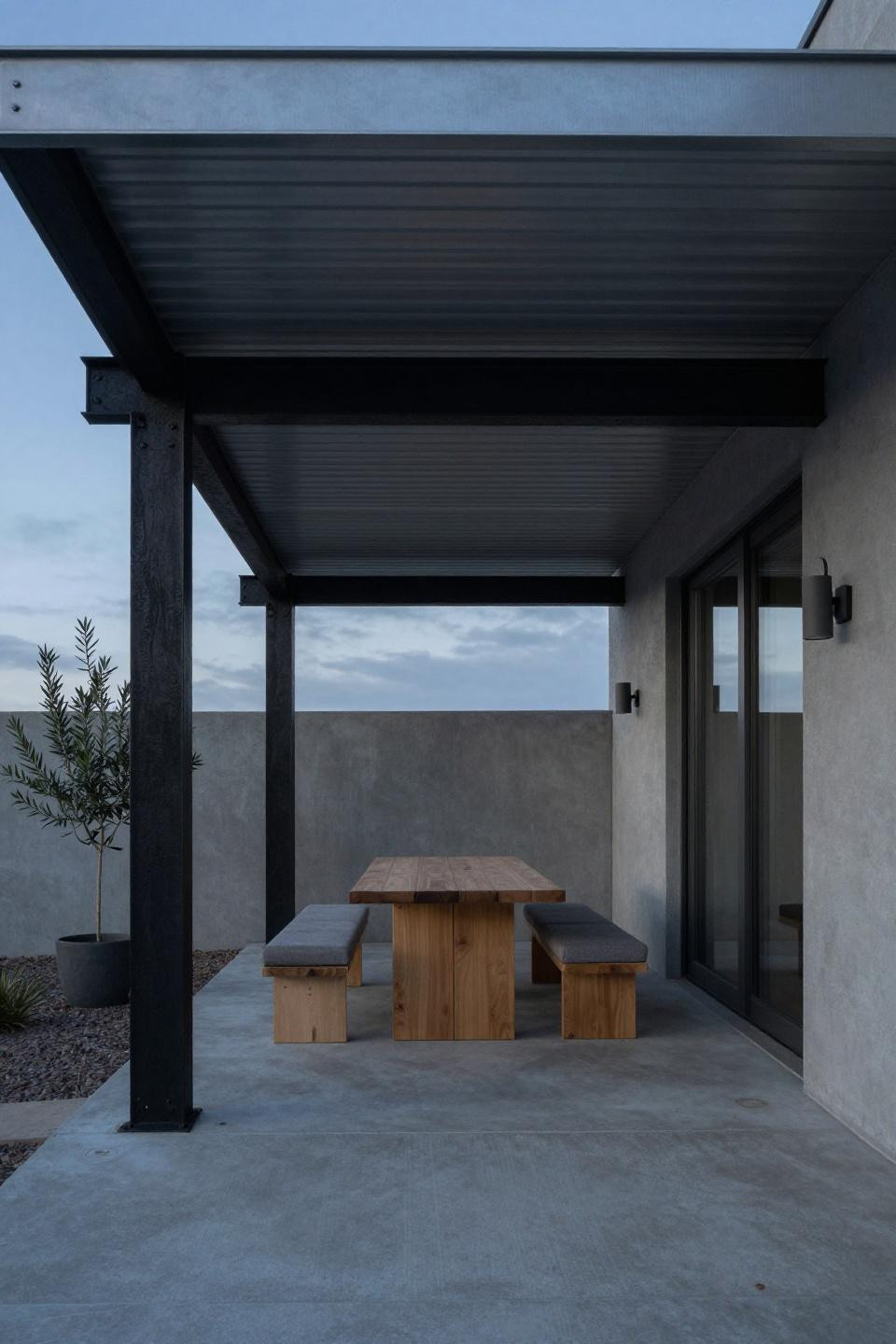 Backyard patio designs attached to house with blackened steel I-beams and stamped concrete