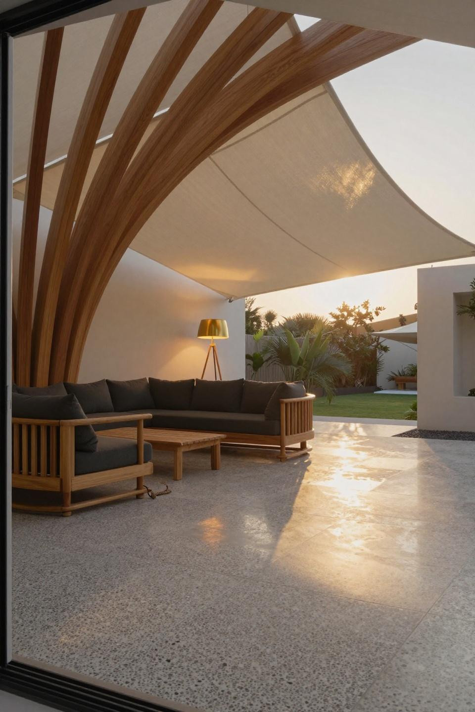 Covered back patio with arching laminated timber ribs and taut canvas sail shade